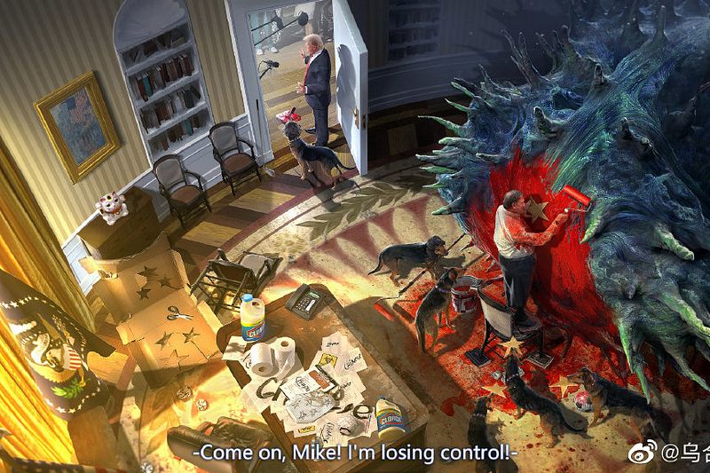 烏合麒麟諷刺川普抹黑中國的畫作,龐畢歐正忙著把新冠病毒漆上屬於中國的紅色與星星。(翻攝烏合麒麟微博)