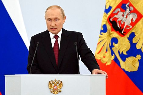 2022年9月30日，俄羅斯總統普京在烏克蘭四個地區加入俄羅斯的慶祝活動中發表談話。（美聯社）