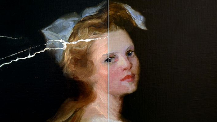 原先破裂的作品經歷修復(圖/取自 Baumgartner Fine Art Restoration)
