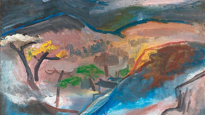 關良《山塢日暖》，1975，54 X 67 cm