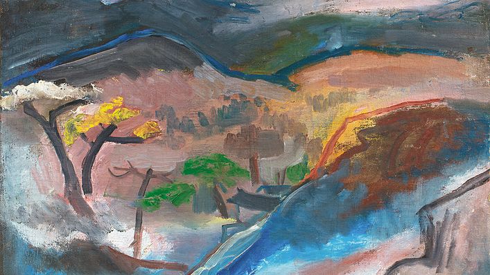 關良《山塢日暖》,1975,54 X 67 cm