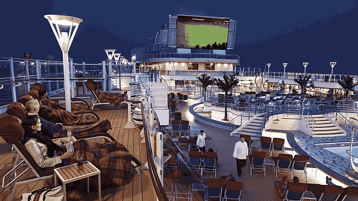 在星空露天電影院享受一場視覺盛宴,在露天池畔的300平方英尺的巨型螢幕與6萬9千瓦特的音響系統戲院級設備陪襯下觀賞電影和體育賽事。(圖片來源/公主遊輪 提供)