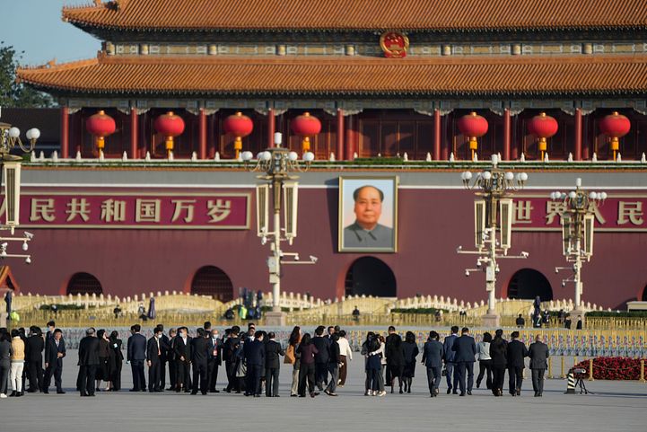2022年10月16日，中共二十大在北京人民大會堂召開，天安門廣場。（美聯社）