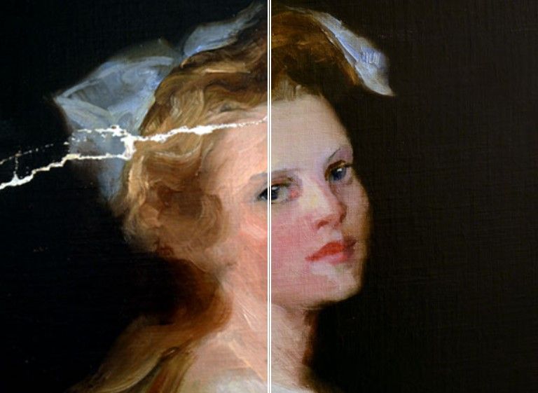 原先破裂的作品經歷修復(圖/取自 Baumgartner Fine Art Restoration)
