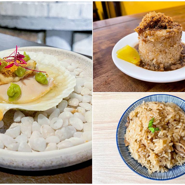 高雄新入選必比登推介:Apis Grill、廖記米糕(右上)、米院子油飯(右下)。(© MICHELIN、Signature/Mi Yuan Tzu Steamed Glutinous Rice)