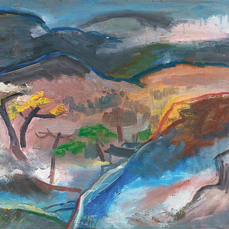 關良《山塢日暖》,1975,54 X 67 cm