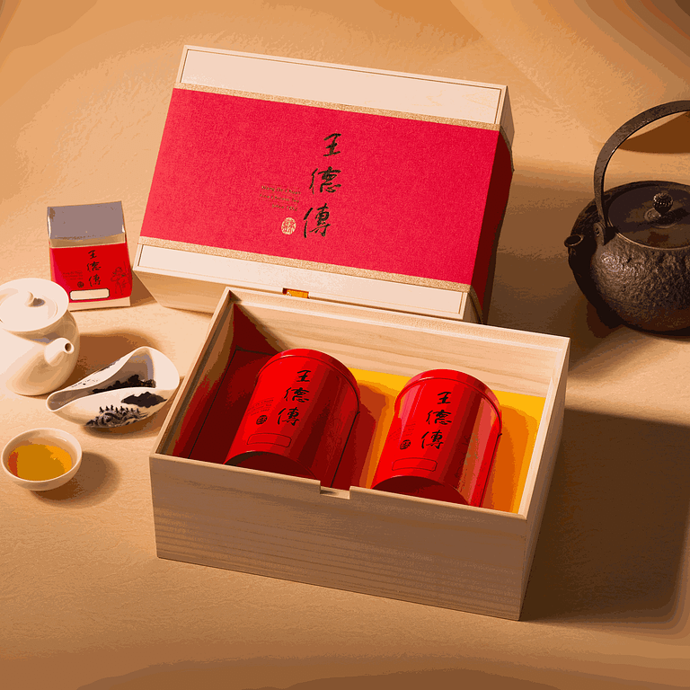 「如喜禮盒」荷蘭布腰封包裹松木盒，以精緻茶禮傳遞新年喜悅。（圖片來源／王德傳茶莊 提供）