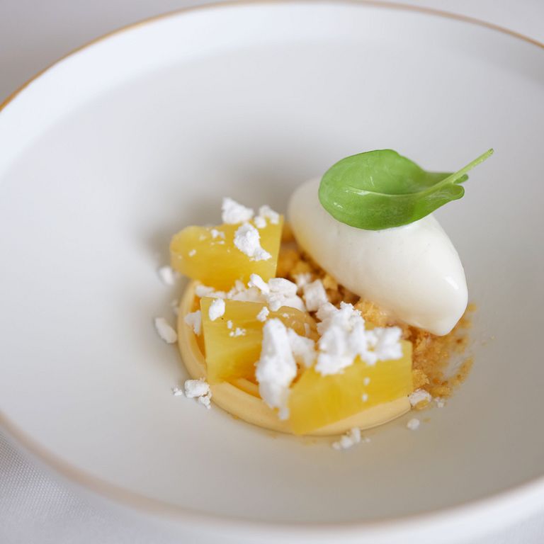 甜點以充滿熱帶風情的椰子冰淇淋佐鳳梨百香果慕斯,搭配富含花香與果香的「冬片 玉山清香烏龍」,為味蕾增添清新柔和之感。(圖/美享地餐廳、冉冉茶事 提供)
