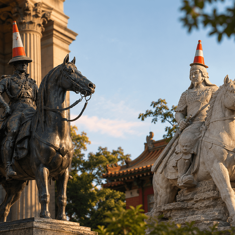 同樣是一頂交通錐,格拉斯哥威靈頓公爵騎馬像與台南延平郡王祠前的鄭成功騎馬像,因不同的城市文化與公共空間治理,發展出截然不同的故事,也讓兩座相隔九千多公里的城市,展開一場關於公共雕像的文化對話。(圖/ChatGPT生成)